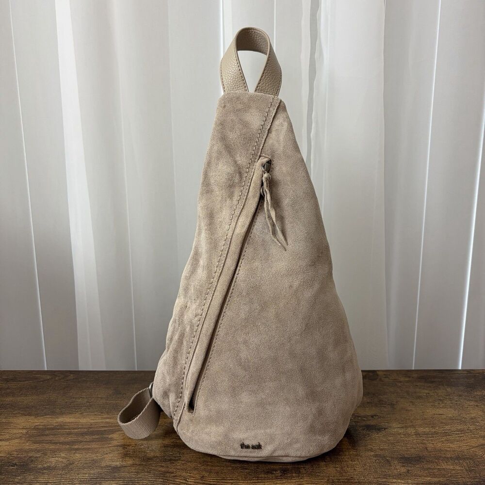 The Sak Geo Sling Backpack Taupe Suede Leather Crossbody Bag